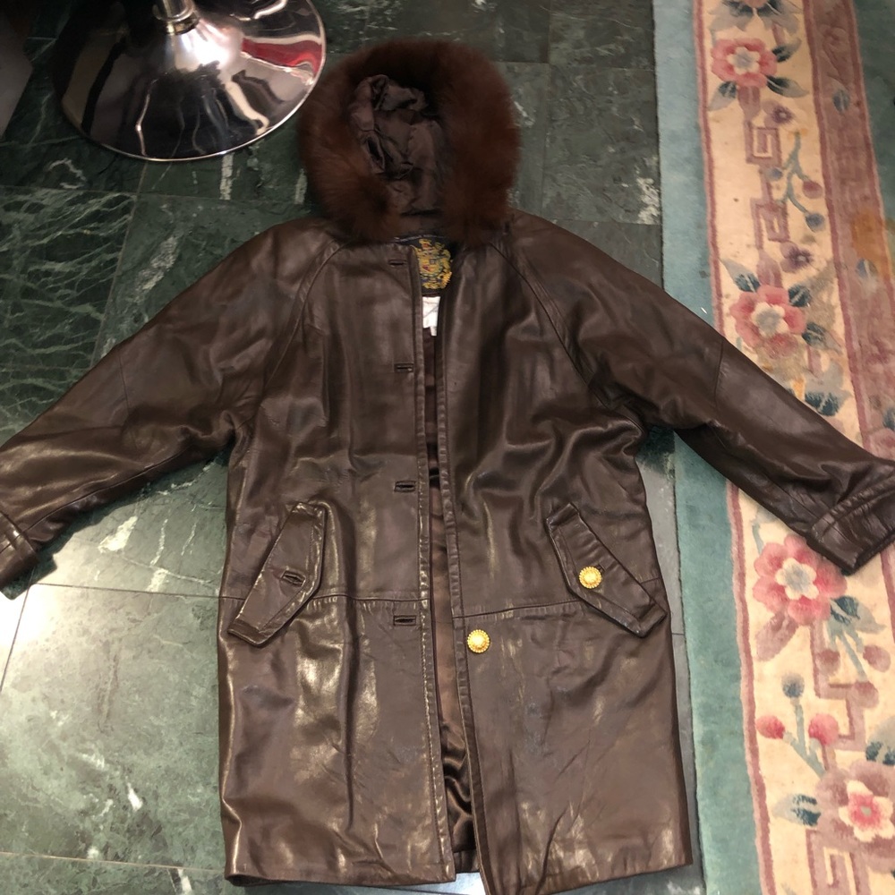 Brown Long leather jacket with hood and faux fur